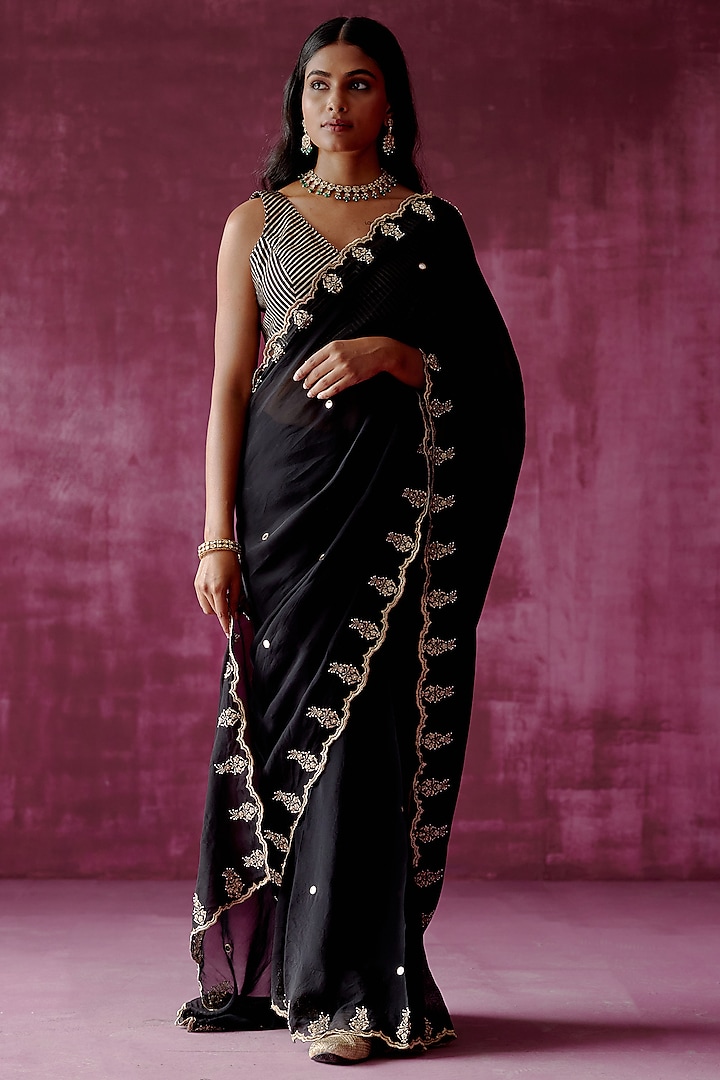 Black Hand Embroidered Saree Set by Tabeer