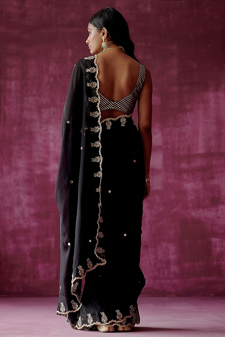 Black Georgette Organza & Handwoven Chanderi Sequins Embroidered Party Wear Saree Set by POULI at Pernia's Pop Up Shop