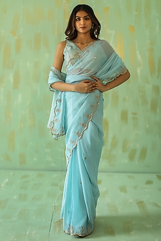 Powder Blue Georgette Organza Sequins Hand Embroidered Saree Set by POULI