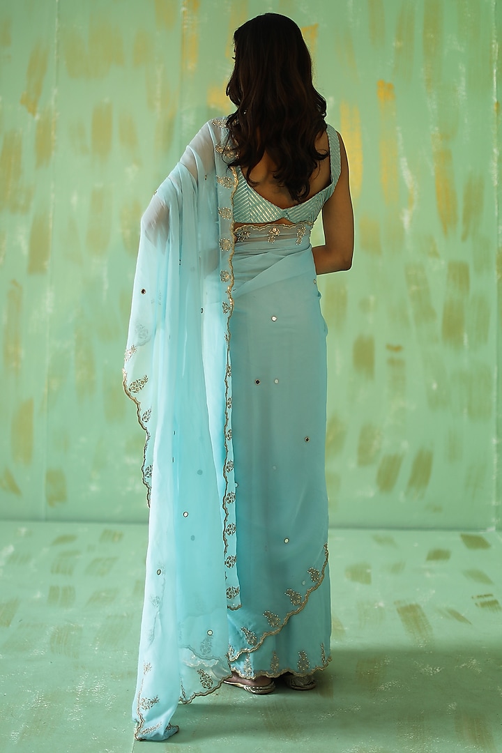 Powder Blue Georgette Organza Sequins Hand Embroidered Party Wear Saree Set by POULI at Pernia's Pop Up Shop