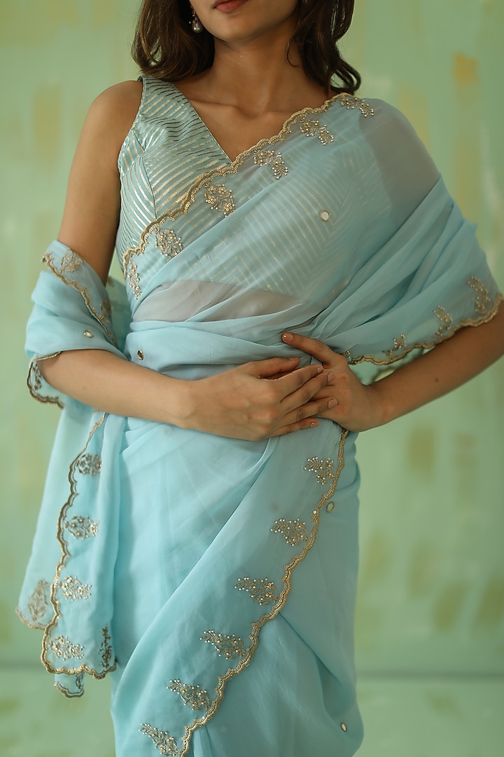 Powder Blue Georgette Organza Sequins Hand Embroidered Party Wear Saree Set by POULI at Pernia's Pop Up Shop