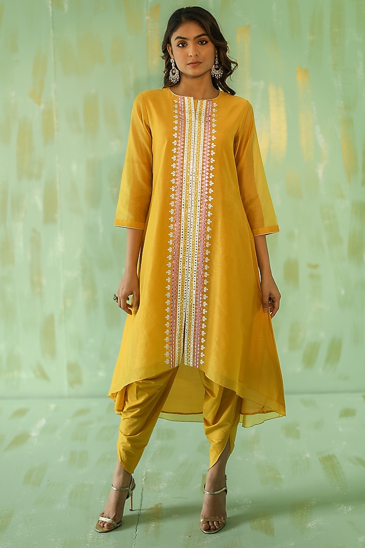 Ochre Yellow Embroidered Kurta Set by POULI at Pernia's Pop Up Shop