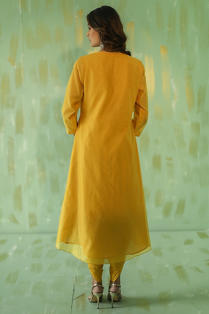 Ochre Yellow Embroidered Kurta Set by POULI at Pernia's Pop Up Shop