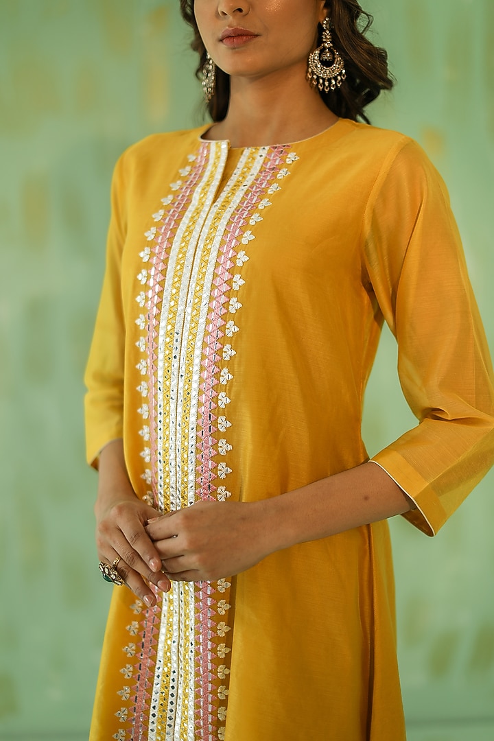 Ochre Yellow Embroidered Kurta Set by POULI at Pernia's Pop Up Shop