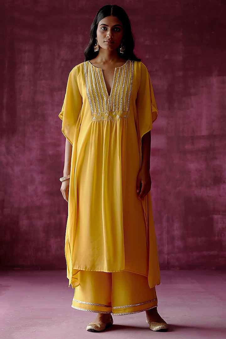 Ochre Yellow Embroidered Kaftan Set by POULI at Pernia's Pop Up Shop
