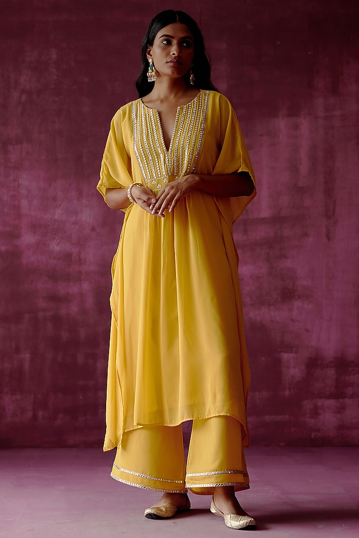 Ochre Yellow Embroidered Kaftan Set by POULI at Pernia's Pop Up Shop