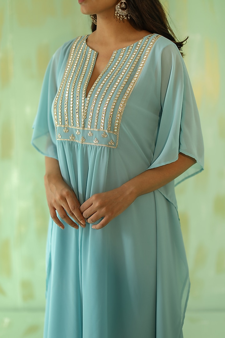 Powder Blue Embroidered Kaftan Set by POULI at Pernia's Pop Up Shop