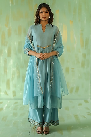 Powder Blue Embroidered Kurta Set by POULI