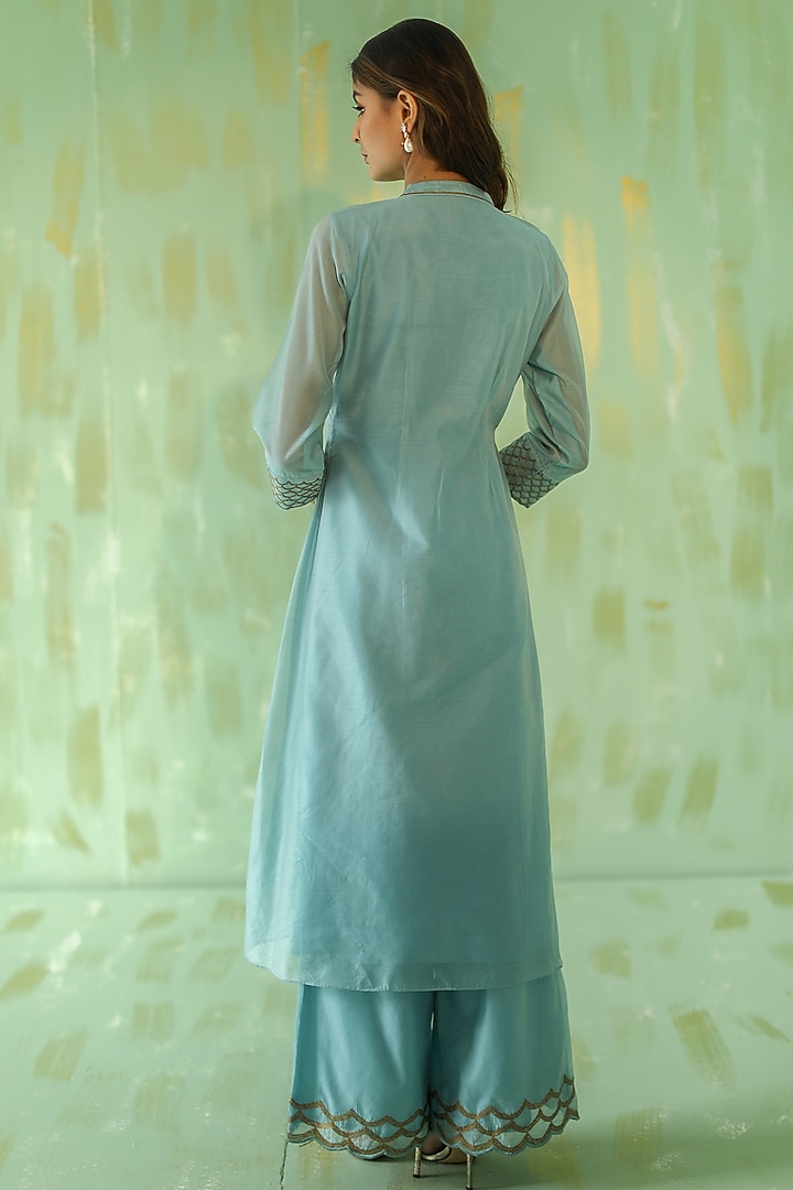 Powder Blue Embroidered Kurta Set by POULI at Pernia's Pop Up Shop
