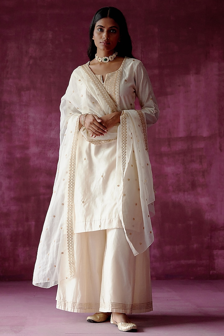 Off-White Embroidered Sharara Set by Pouli Pret