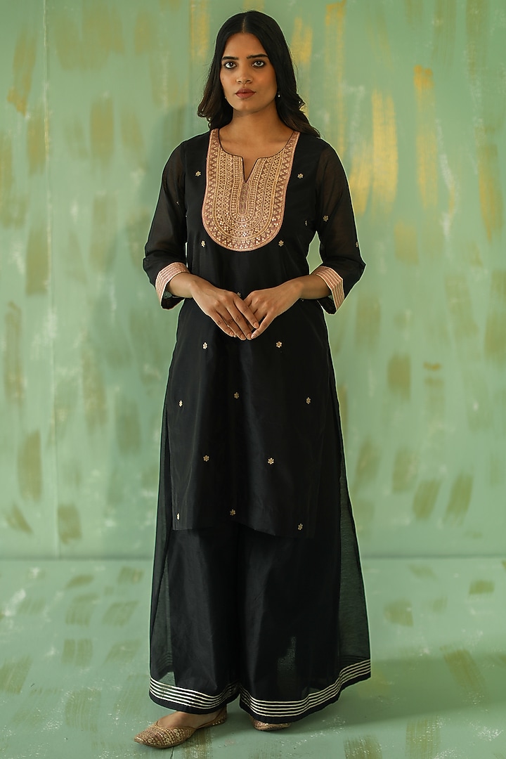 Black Embroidered Sharara Set by POULI at Pernia's Pop Up Shop