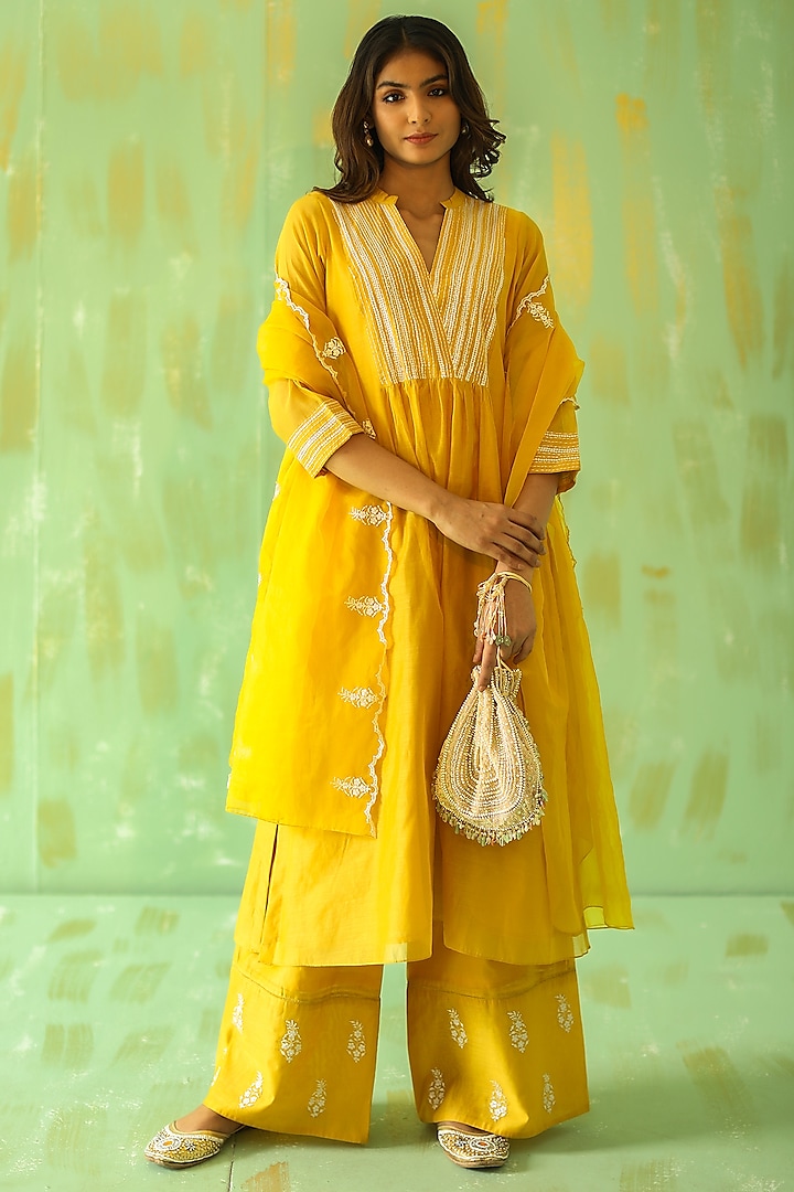 Ochre Yellow Hand Embroidered Kurta Set by POULI at Pernia's Pop Up Shop