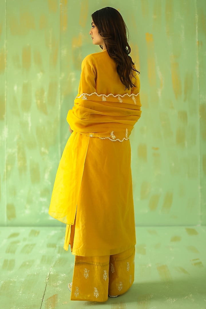 Ochre Yellow Hand Embroidered Kurta Set by POULI at Pernia's Pop Up Shop