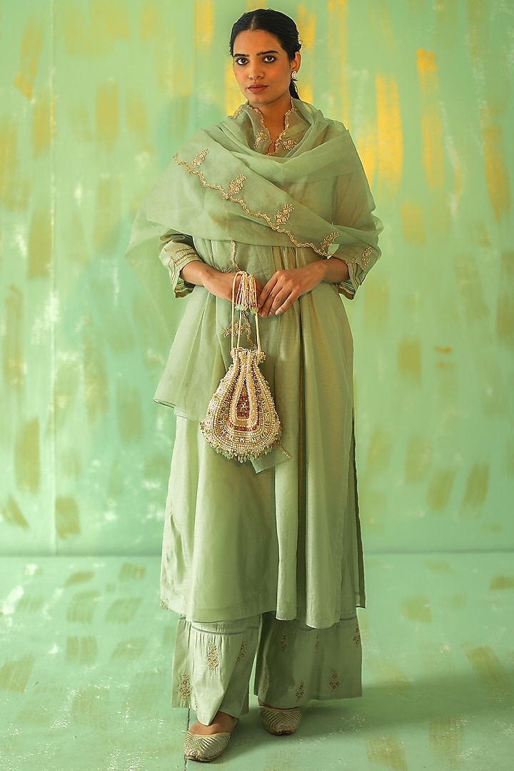 Sage Green Hand Embroidered Kurta Set by Pouli Pret