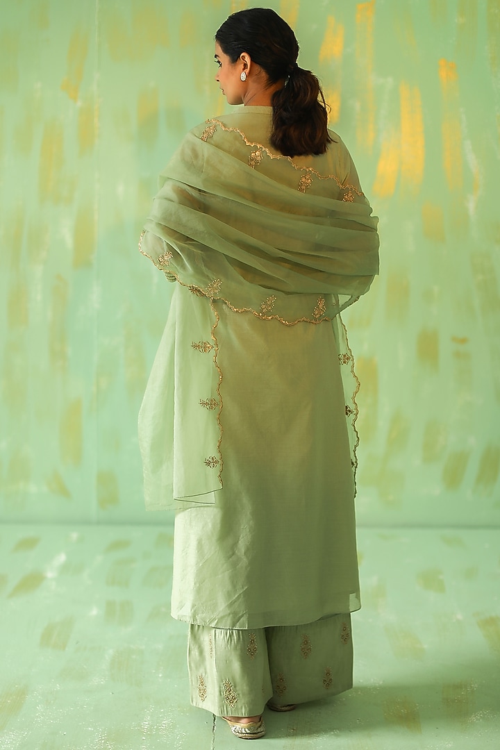 Sage Green Hand Embroidered Kurta Set by POULI at Pernia's Pop Up Shop
