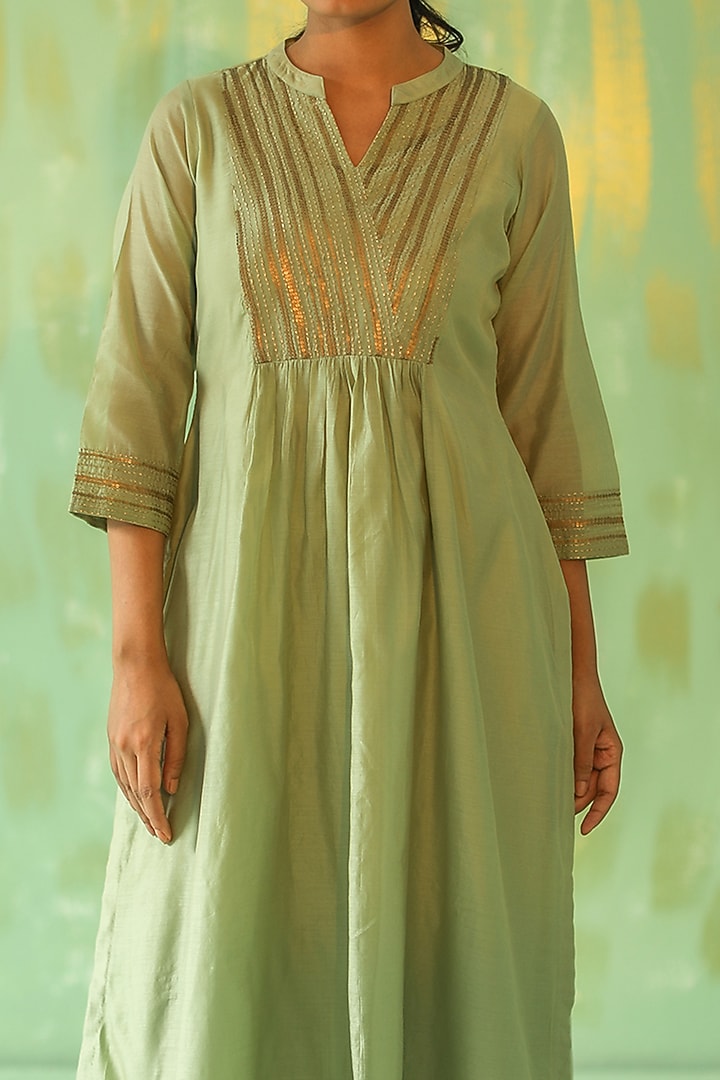 Sage Green Hand Embroidered Kurta Set by POULI at Pernia's Pop Up Shop