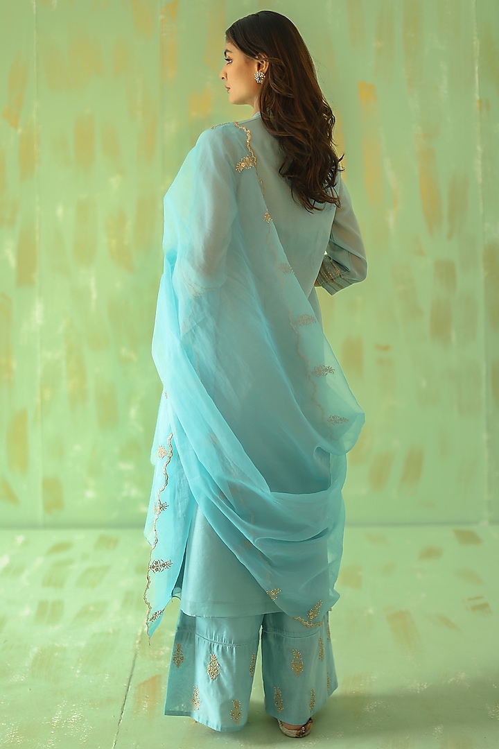 Powder Blue Hand Embroidered Kurta Set by POULI at Pernia's Pop Up Shop