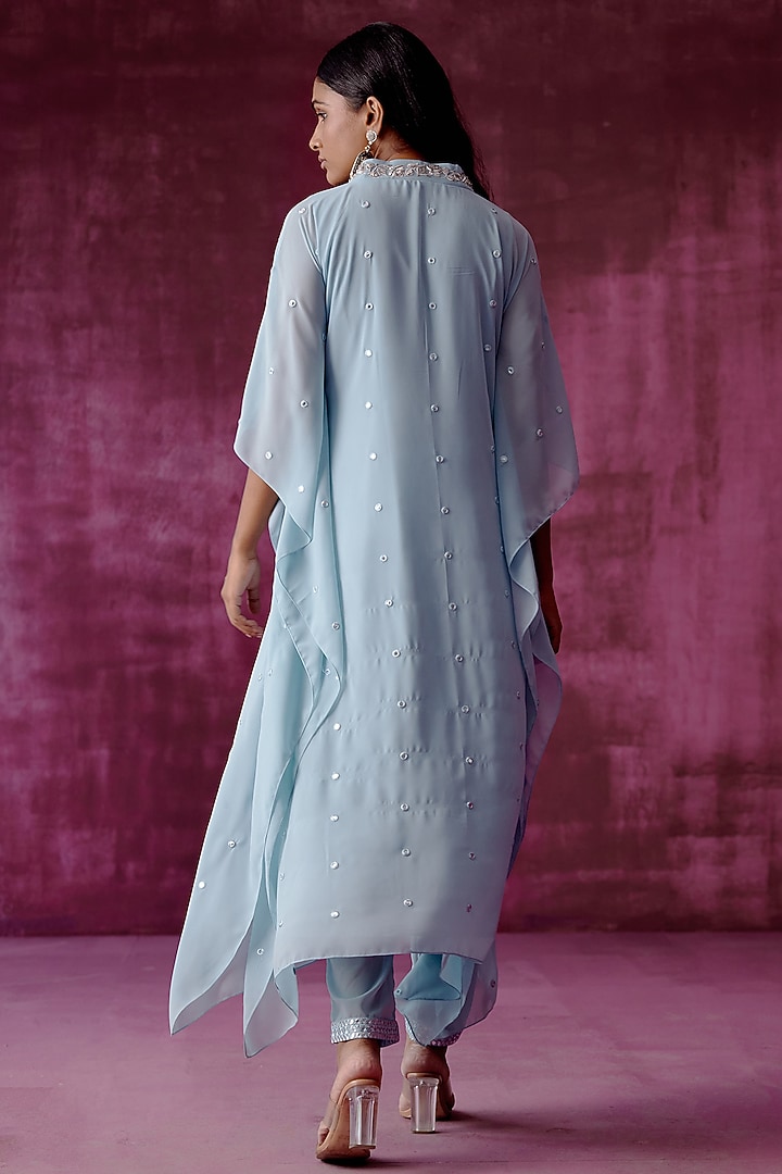 Powder Blue Embroidered Kaftan Set by POULI at Pernia's Pop Up Shop