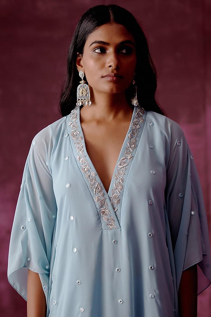 Powder Blue Embroidered Kaftan Set by POULI at Pernia's Pop Up Shop