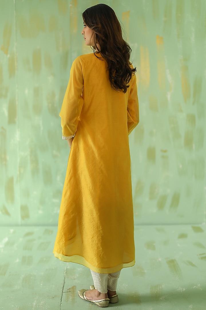 Ochre Yellow Hand Embroidered Kurta Set by POULI at Pernia's Pop Up Shop