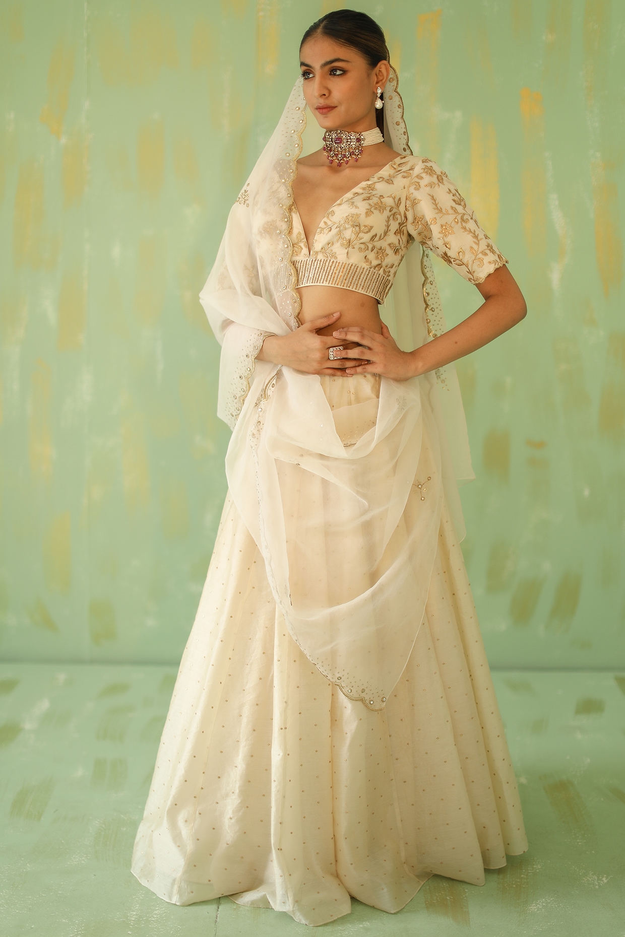 Beautiful cream-white Georgette-Silk Lehenga with Hand Embroidered blouse.  Embellished … | Wedding lehenga designs, Designer dresses indian, Indian  wedding outfits