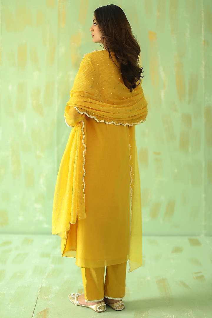 Ochre Yellow Embroidered Kurta Set by POULI at Pernia's Pop Up Shop
