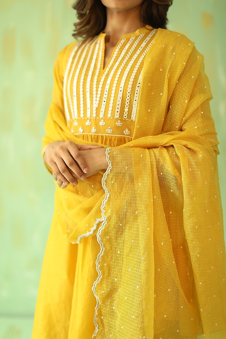 Ochre Yellow Embroidered Kurta Set by POULI at Pernia's Pop Up Shop