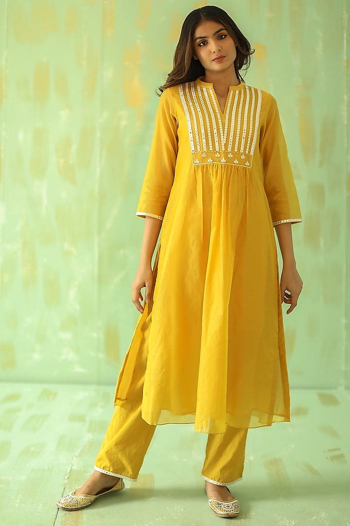 Ochre Yellow Embroidered Kurta Set by POULI at Pernia's Pop Up Shop
