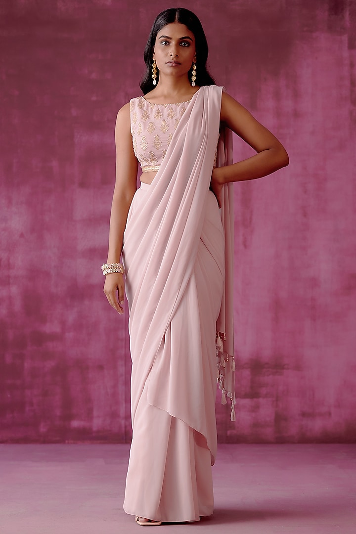 Vintage Pink Embroidered Pre-Stitched Saree Set by Pouli Pret