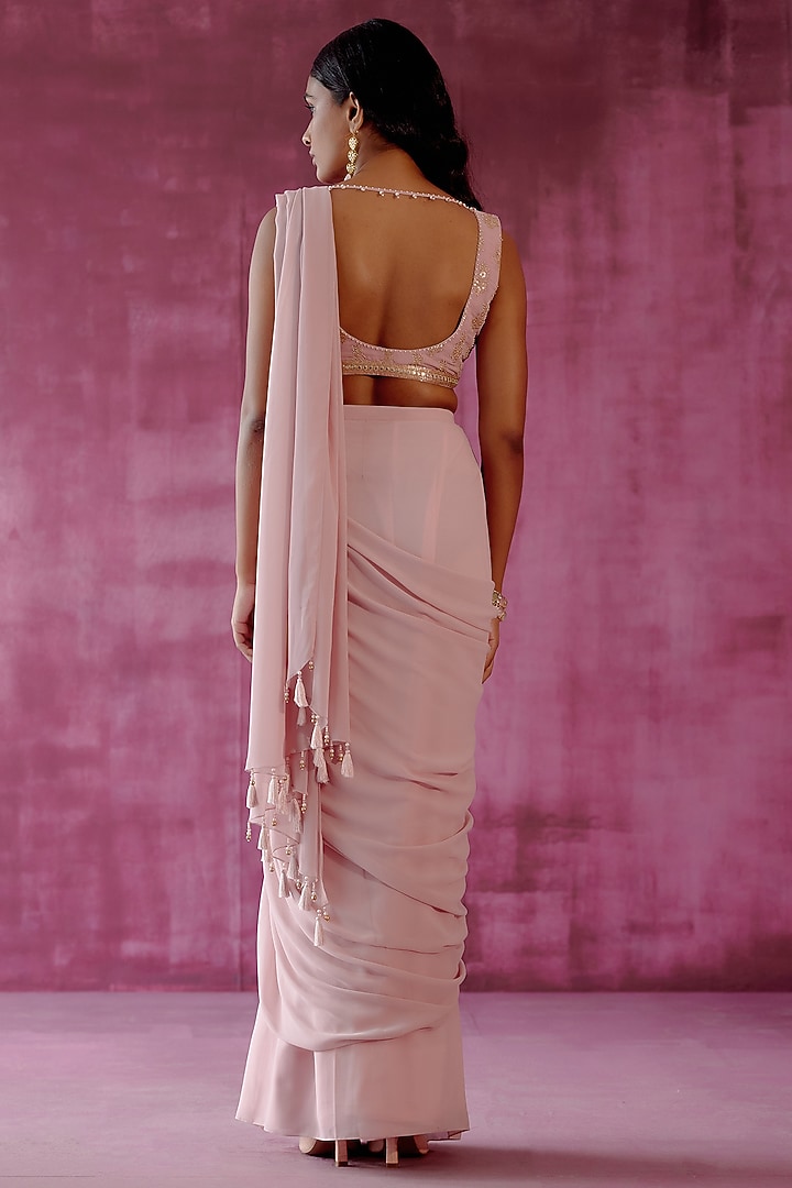 Vintage Pink Embroidered Pre-Stitched Party Wear Saree Set by POULI at Pernia's Pop Up Shop