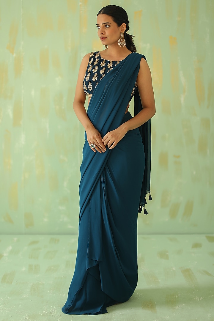 Teal Embroidered Pre-Stitched Saree Set by Pouli Pret