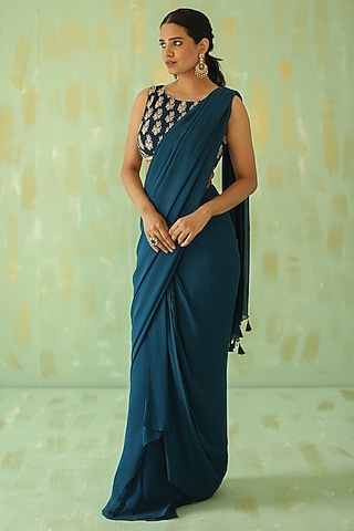 Teal Embroidered Pre-Stitched Saree Set by POULI
