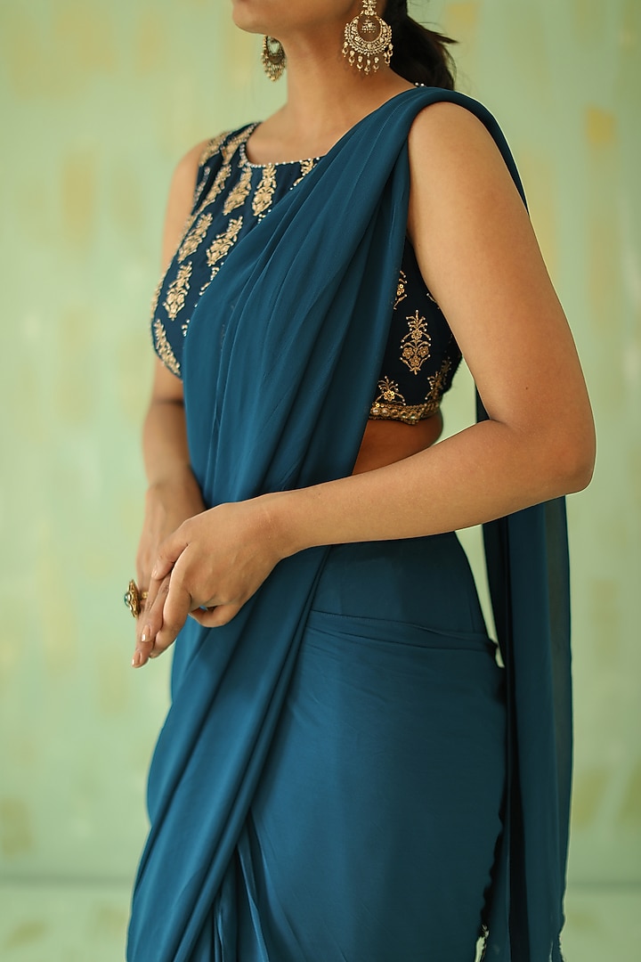 Teal Embroidered Pre-Stitched Party Wear Saree Set by POULI at Pernia's Pop Up Shop