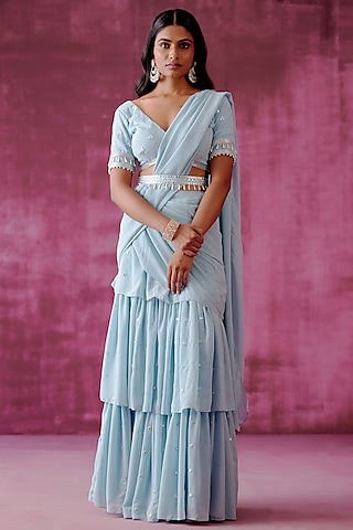 Powder Blue Georgette Pre-Stitched Saree Set by POULI
