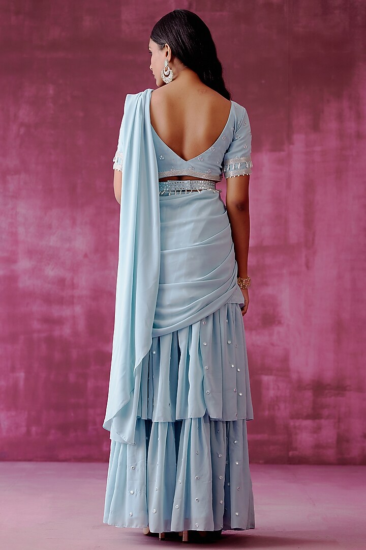 Powder Blue Georgette Pre-Stitched Party Wear Saree Set by POULI at Pernia's Pop Up Shop