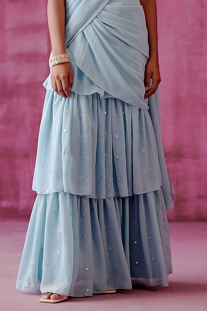 Powder Blue Georgette Pre-Stitched Party Wear Saree Set by POULI at Pernia's Pop Up Shop
