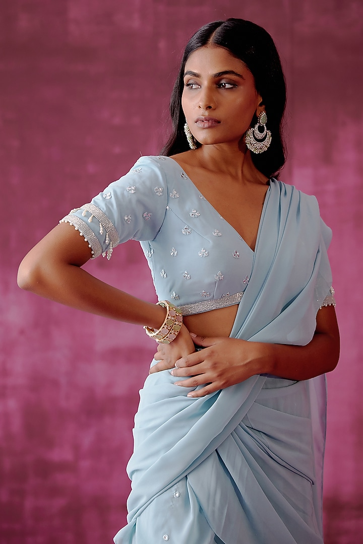 Powder Blue Georgette Pre-Stitched Party Wear Saree Set by POULI at Pernia's Pop Up Shop