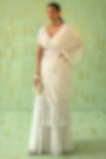 Off-White Georgette Pre-Stitched Saree Set by Pouli Pret