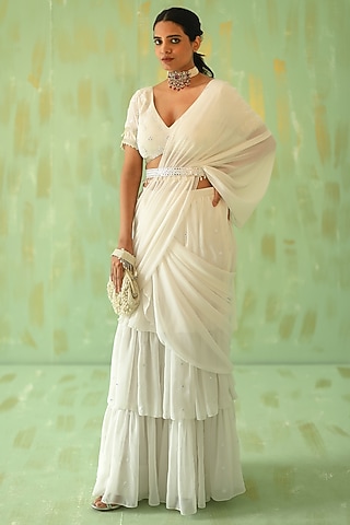 Off-White Georgette Pre-Stitched Saree Set by POULI
