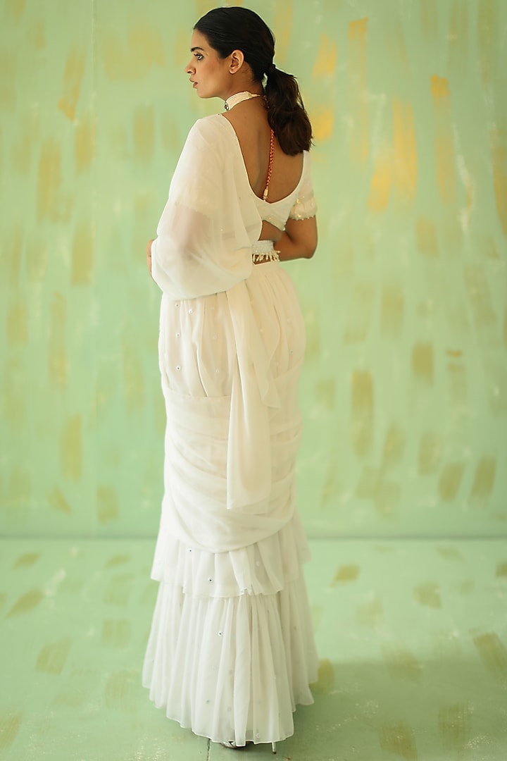 Off-White Georgette Pre-Stitched Party Wear Saree Set by POULI at Pernia's Pop Up Shop