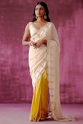 Off-White Embroidered Saree Set by POULI