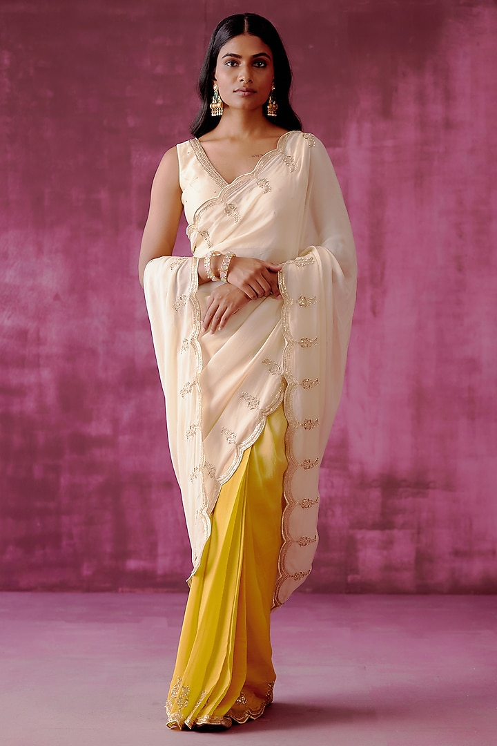 Off-White Embroidered Party Wear Saree Set by POULI at Pernia's Pop Up Shop