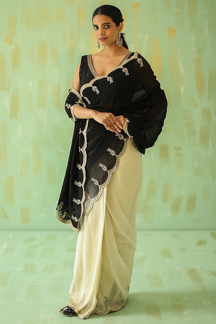 Black Embroidered Saree Set by Tabeer
