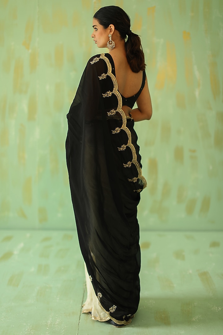 Black Embroidered Party Wear Saree Set by POULI at Pernia's Pop Up Shop