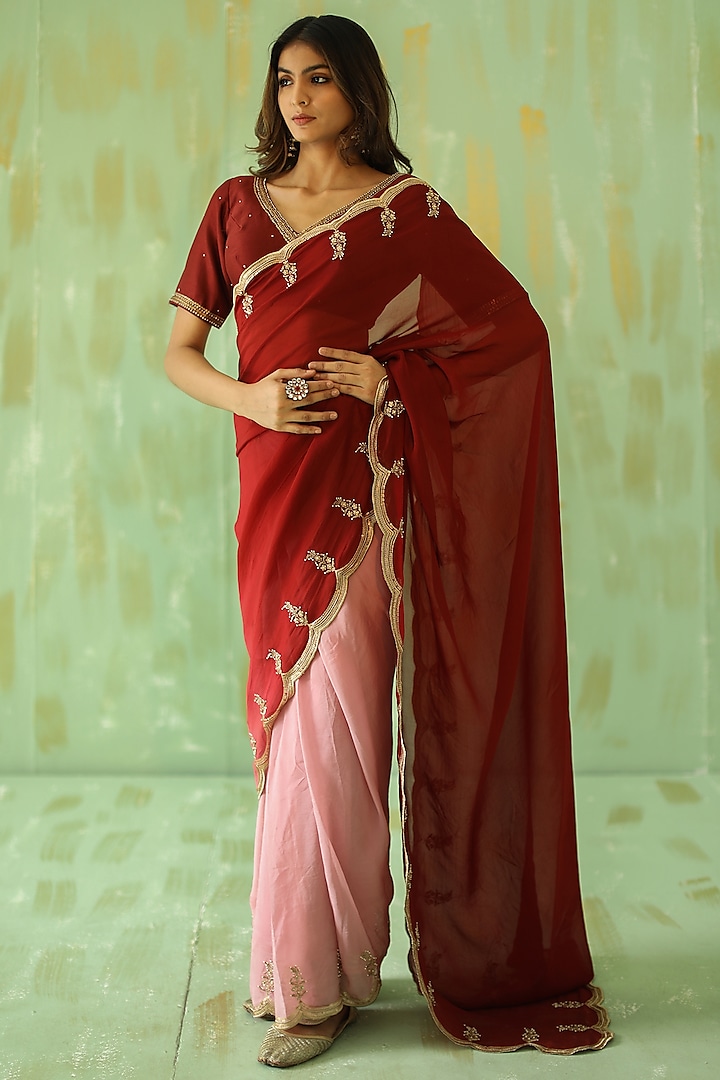 Deep Red Embroidered Saree Set by Pouli Pret