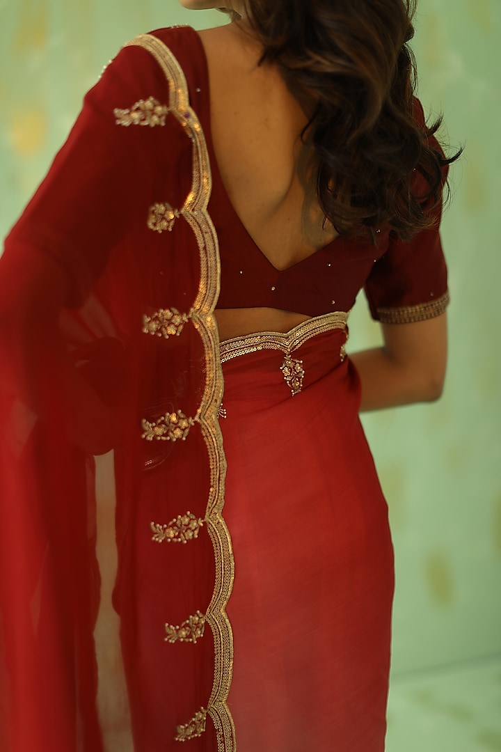Deep Red Embroidered Party Wear Saree Set by POULI at Pernia's Pop Up Shop