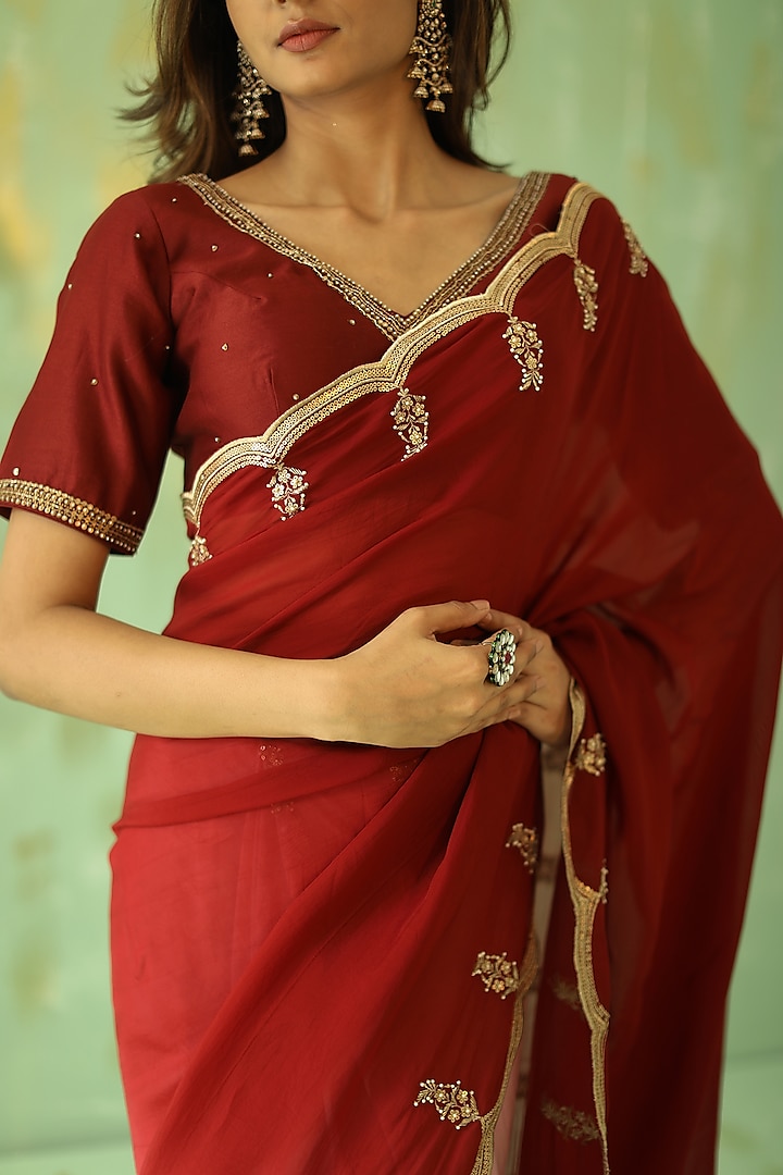 Deep Red Embroidered Party Wear Saree Set by POULI at Pernia's Pop Up Shop