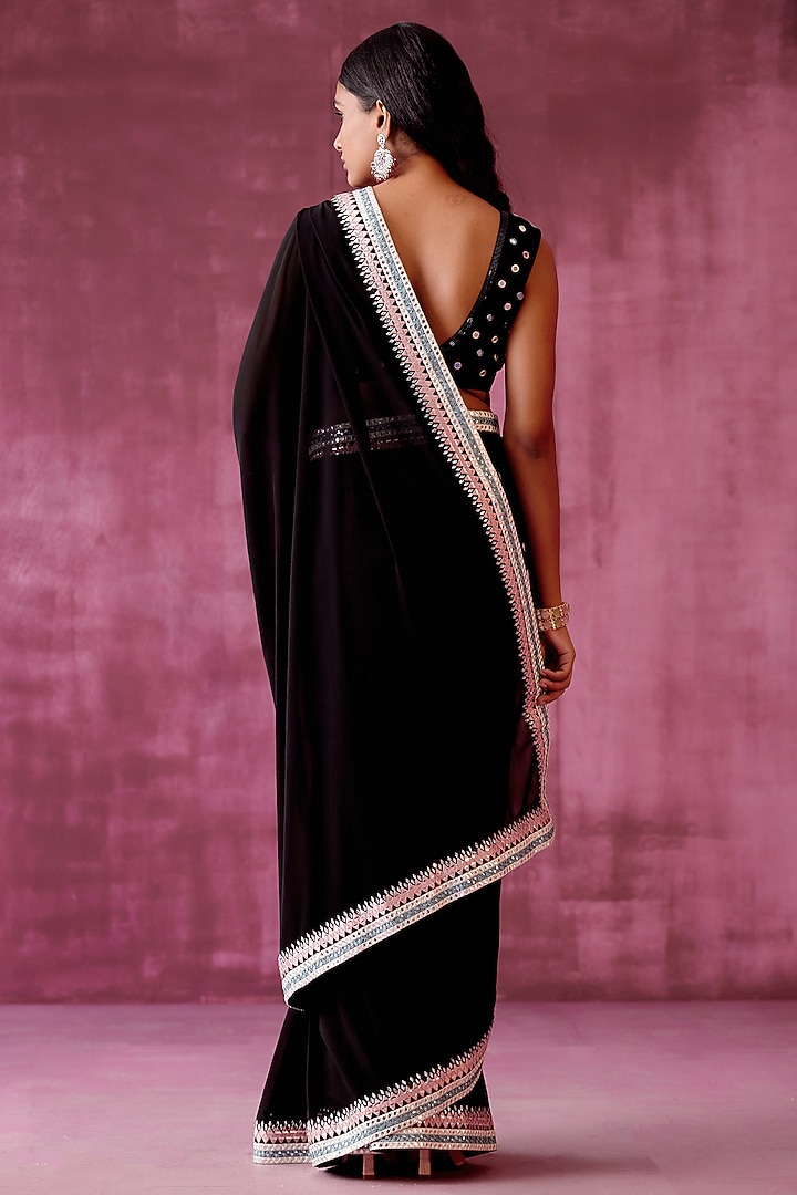 Black Georgette Embroidered Party Wear Saree Set by POULI at Pernia's Pop Up Shop