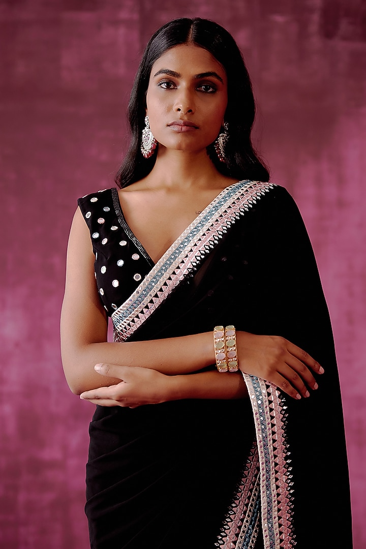 Black Georgette Embroidered Party Wear Saree Set by POULI at Pernia's Pop Up Shop