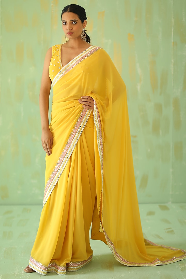 Ochre Yellow Georgette Embroidered Saree Set by Pouli Pret